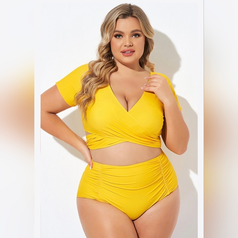 Yellow Ruched Sleeves Skirted Bikini Top